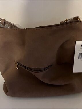 Brown Suede Shoulder Bag with Front Zip Pocket - Unbranded